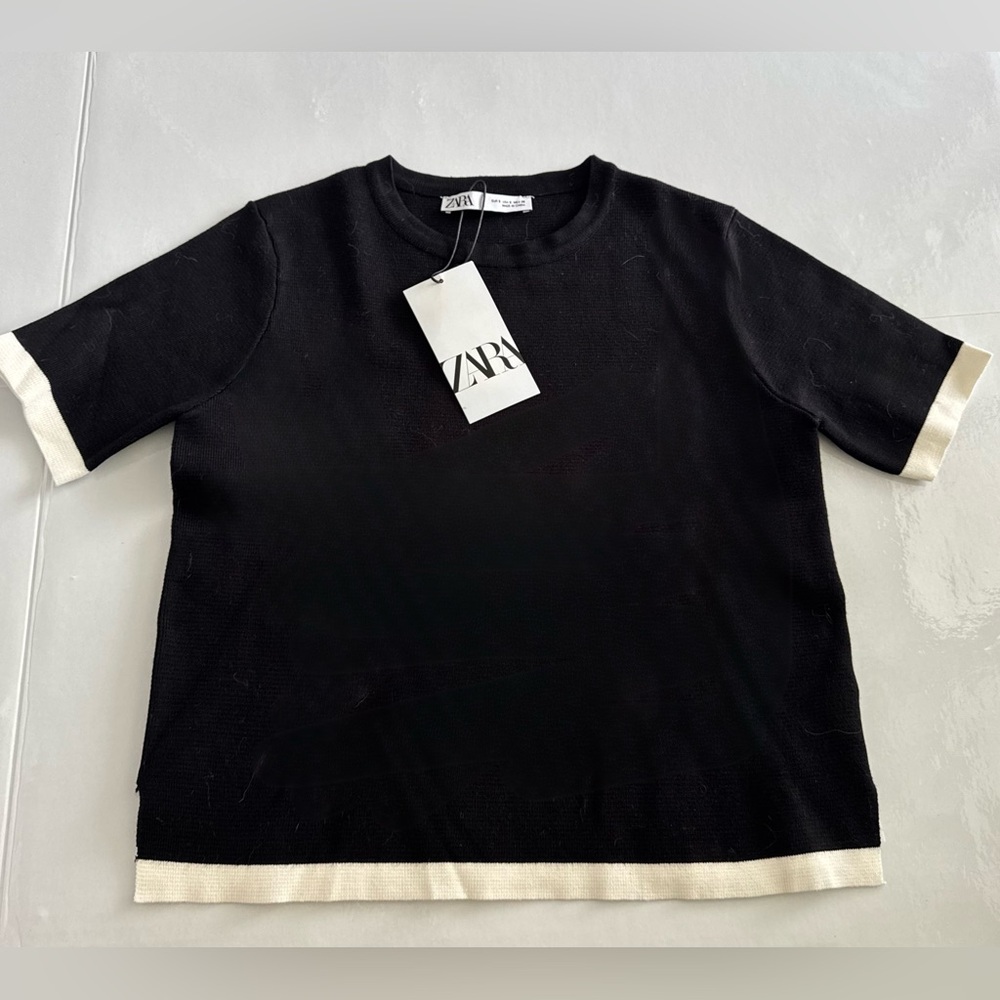 🆕 ZARA ✨ sweater knit tee tipped contrast black ivory  boxy | Sz S